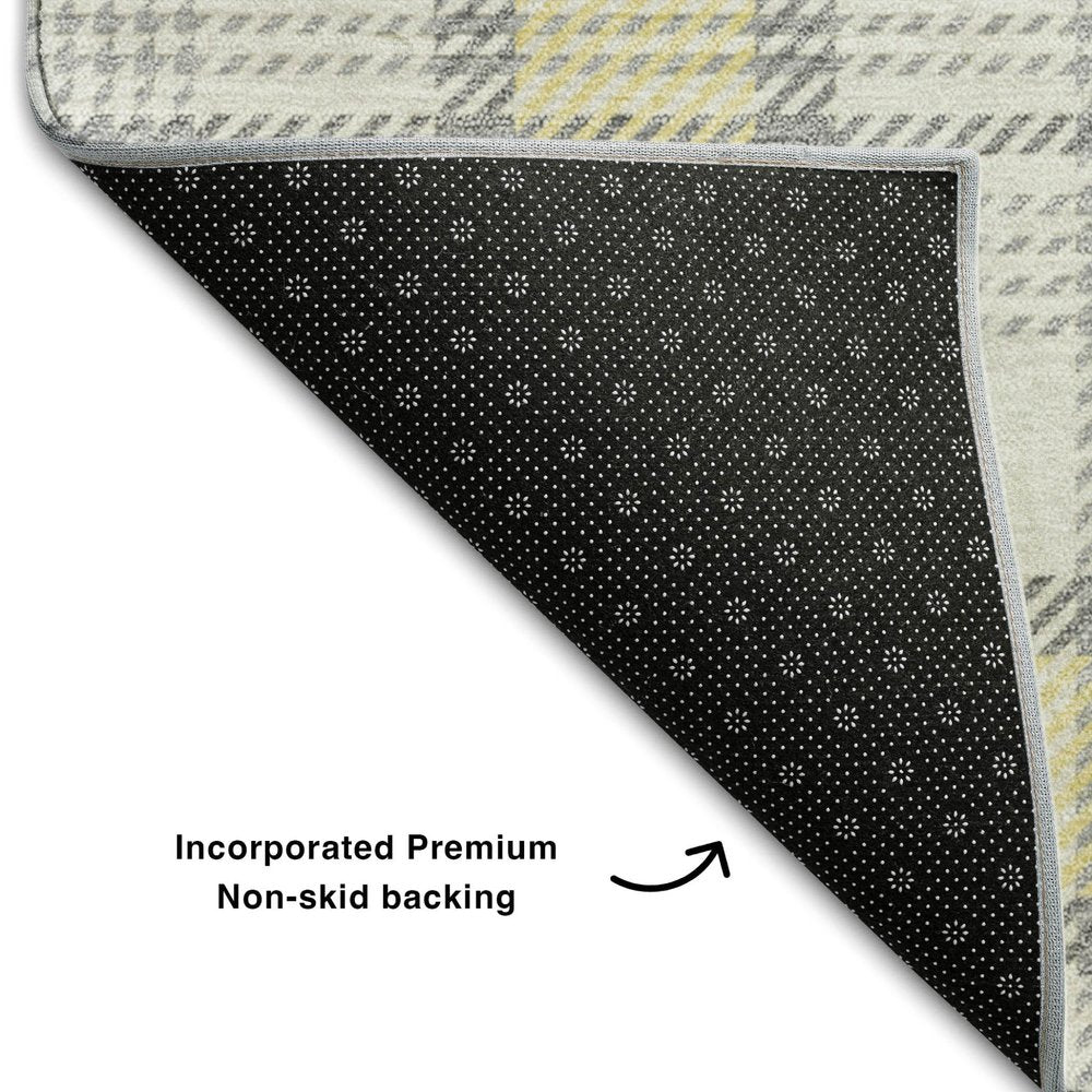 9' X 12' Yellow Ivory And Gray Plaid Washable Area Rug With UV Protection