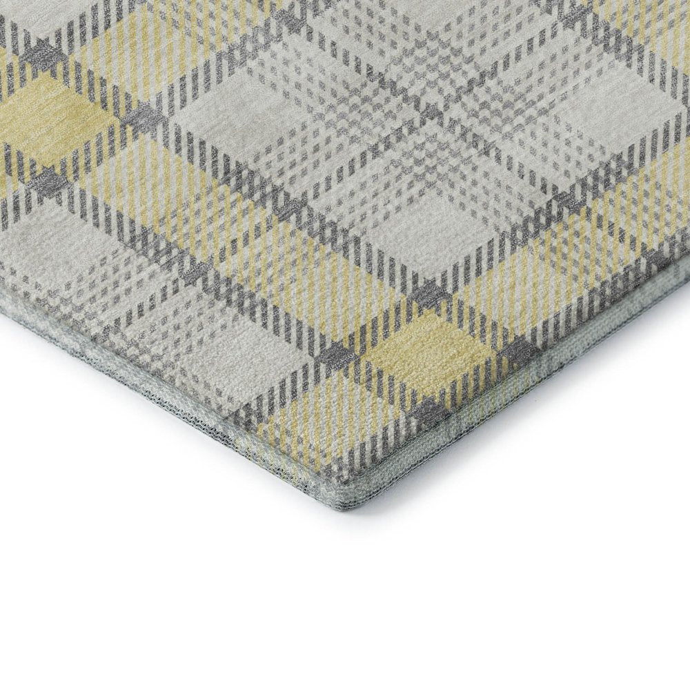9' X 12' Yellow Ivory And Gray Plaid Washable Area Rug With UV Protection