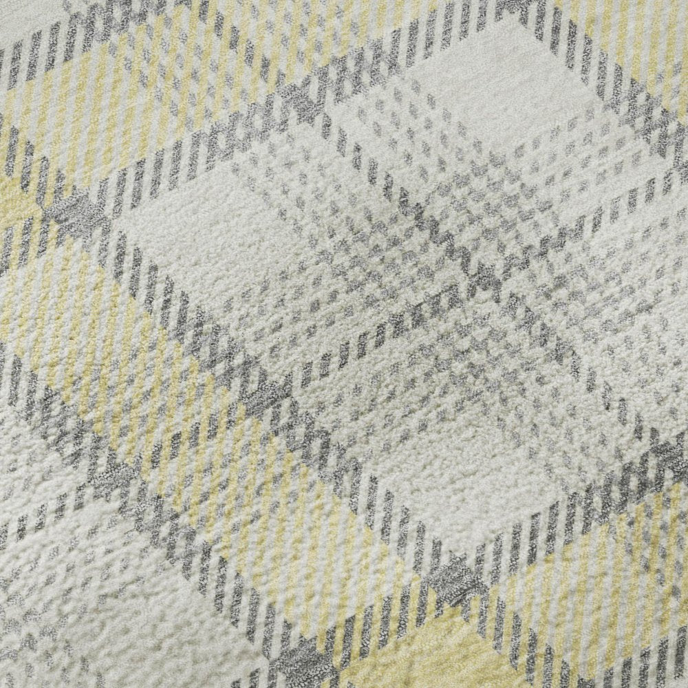 9' X 12' Yellow Ivory And Gray Plaid Washable Area Rug With UV Protection