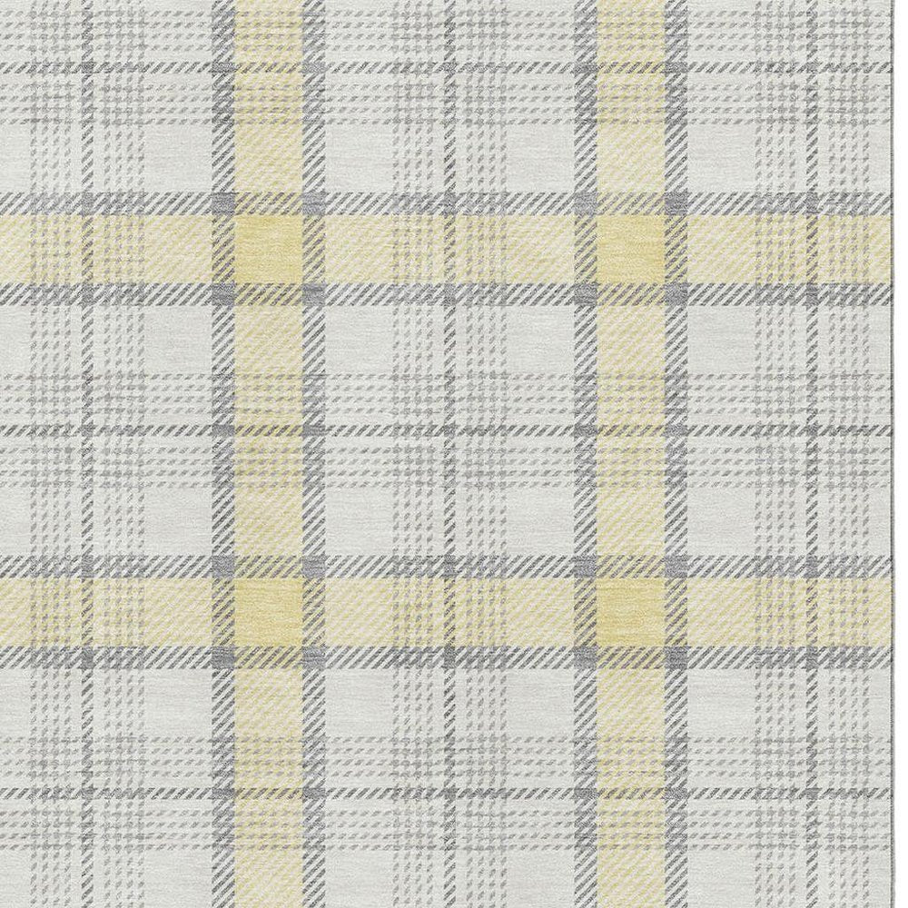 9' X 12' Yellow Ivory And Gray Plaid Washable Area Rug With UV Protection
