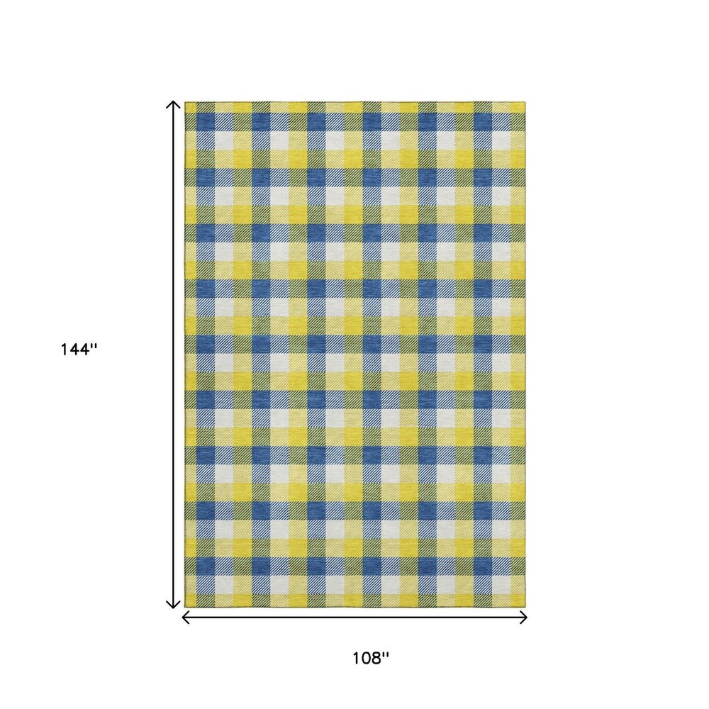 9' X 12' Yellow Navy Blue And Ivory Plaid Washable Area Rug With UV Protection