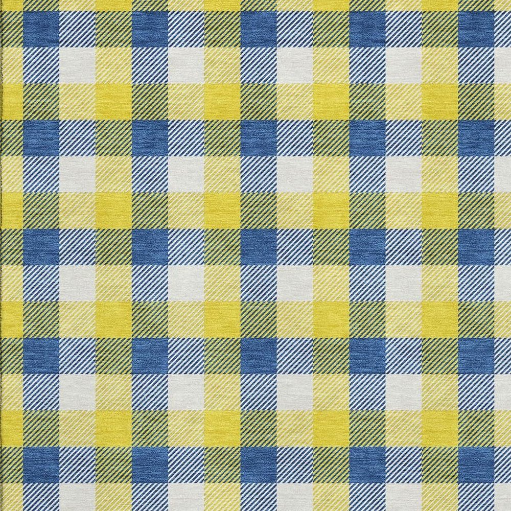 9' X 12' Yellow Navy Blue And Ivory Plaid Washable Area Rug With UV Protection