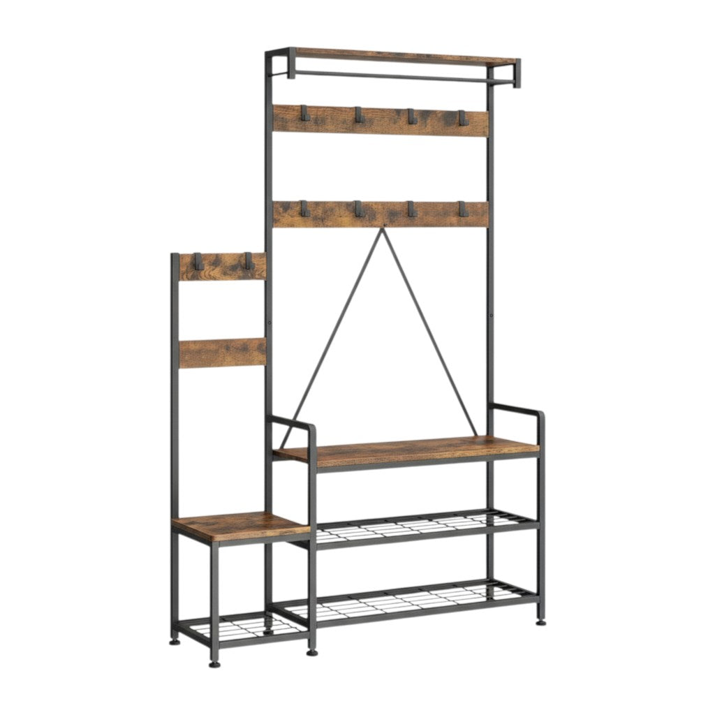 71" Black And Brown Rustic Ten Hook Coat Rack Storage Bench