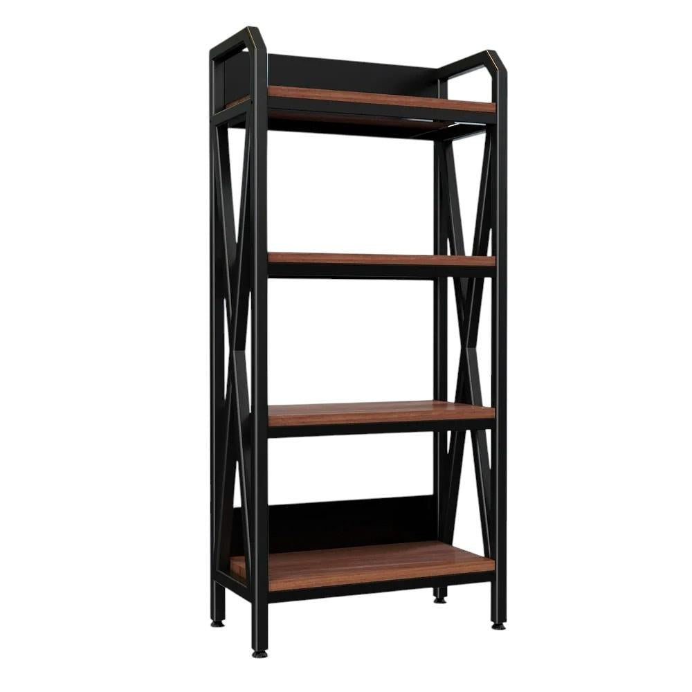 56" Black And Brown Metal and Wood Four Tier Etagere Bookcase