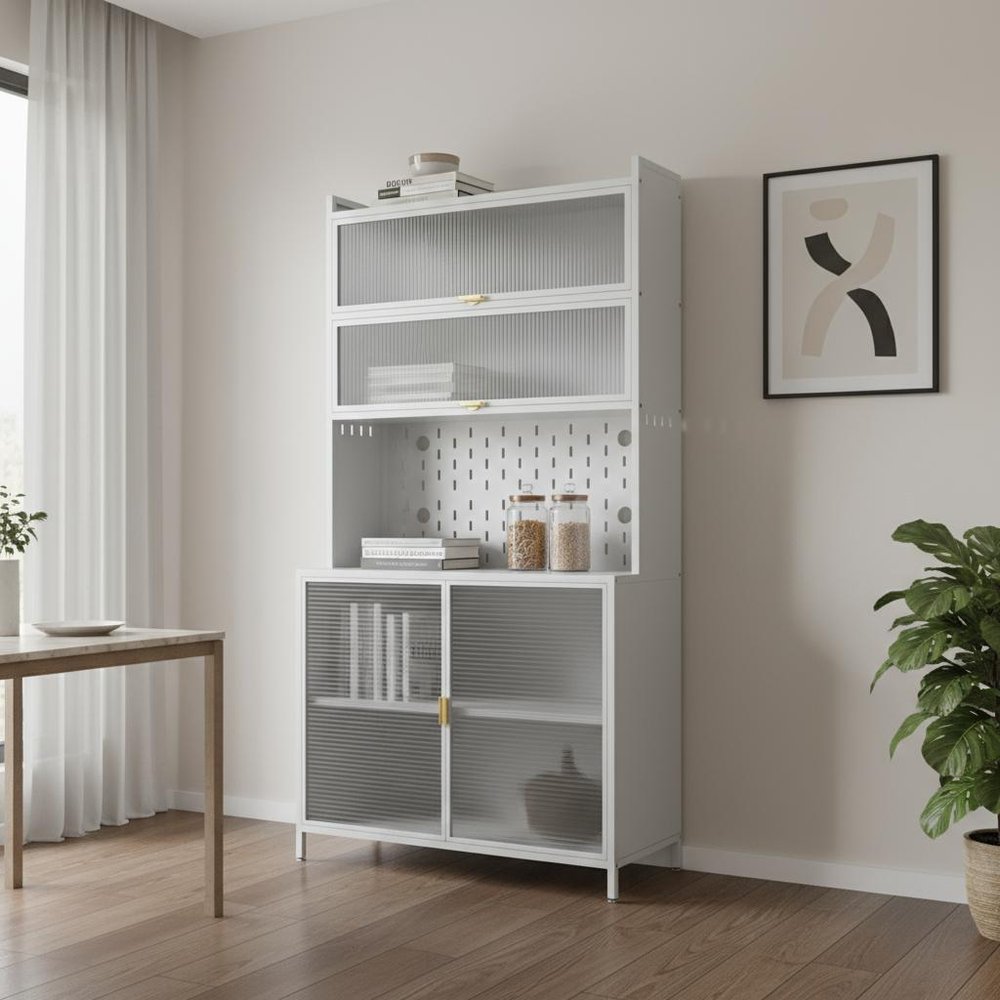 73" White Stainless Steel Textured Door Dining Hutch With Two Doors
