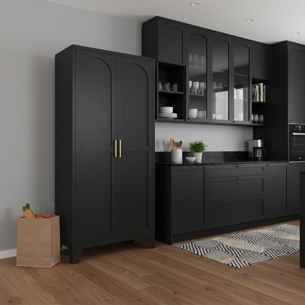 71" Black Stainless Steel Pantry Or Storage Closet With Arched Panel Doors
