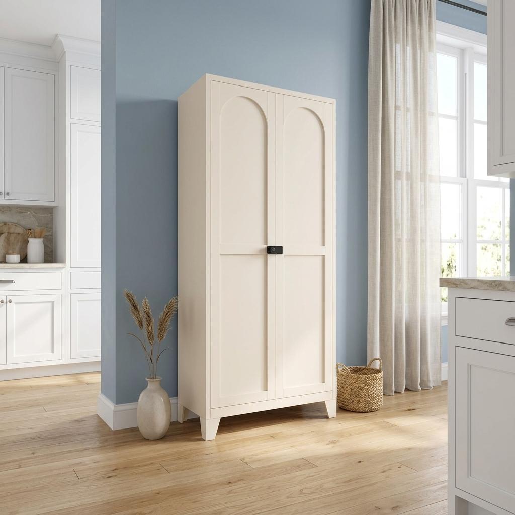 71" Cream Stainless Steel Locking Pantry Or Storage Closet With Arched Panel Doors