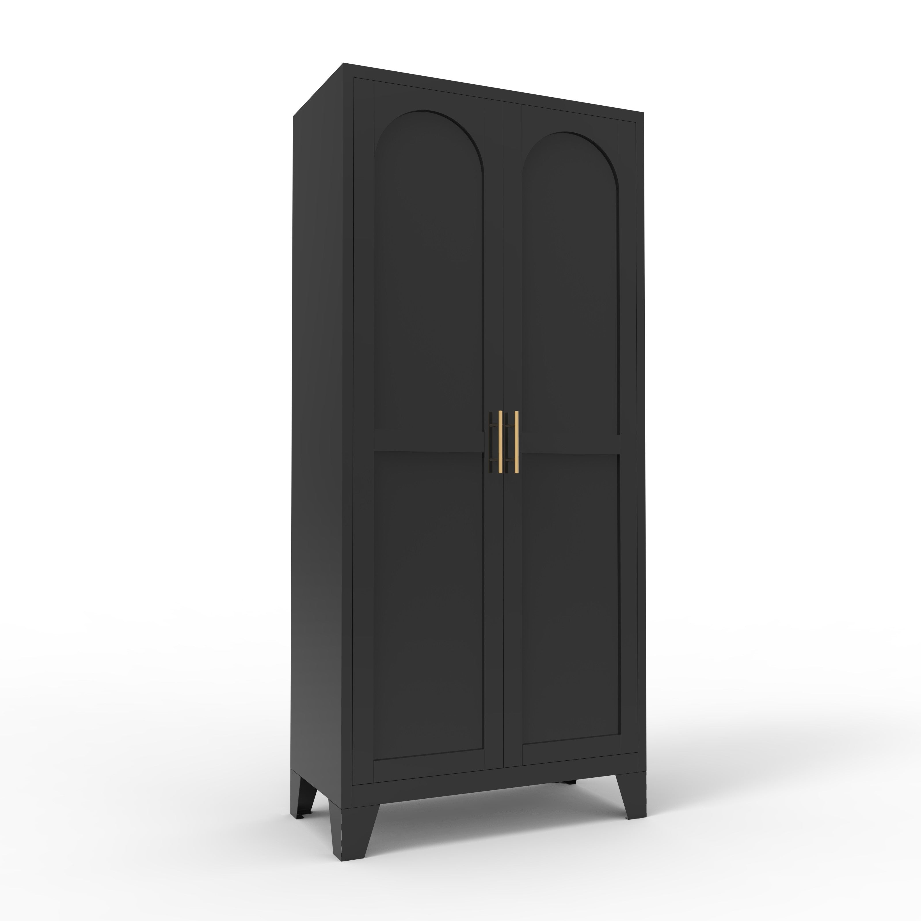 61" Black Stainless Steel Pantry Or Storage Closet With Arched Panel Doors