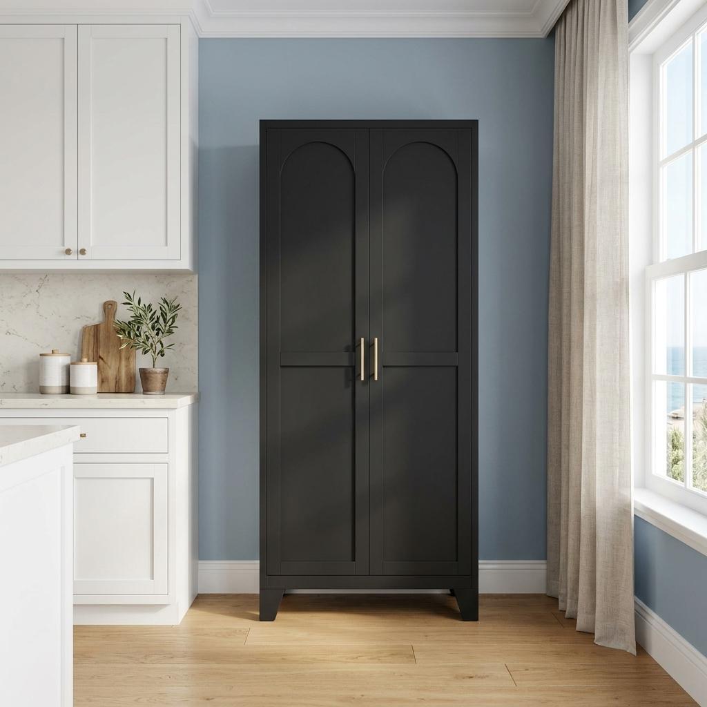 61" Black Stainless Steel Pantry Or Storage Closet With Arched Panel Doors
