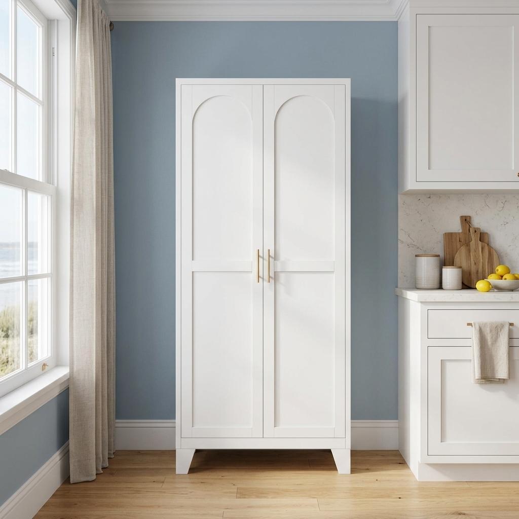 61" White Stainless Steel Pantry Or Storage Closet With Arched Panel Doors