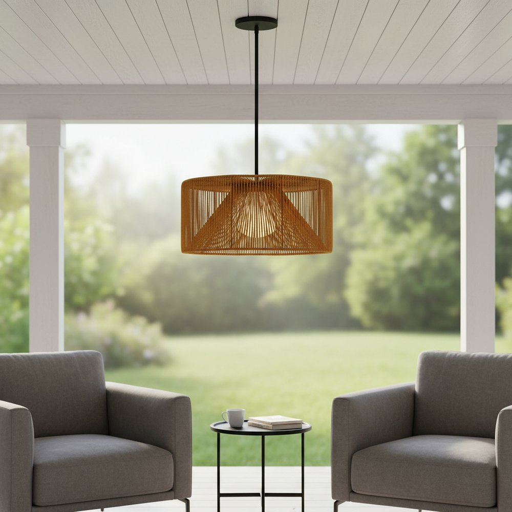 Natural And Black Rattan String And Metal LED Dimmable Outdoor Hanging Pendent Light