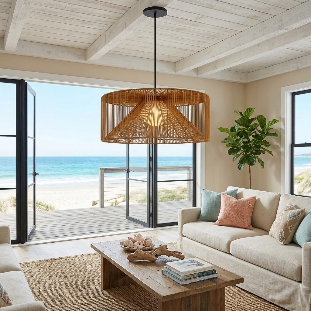 Natural And Black Rattan And Metal LED Dimmable Outdoor Hanging Pendent Light