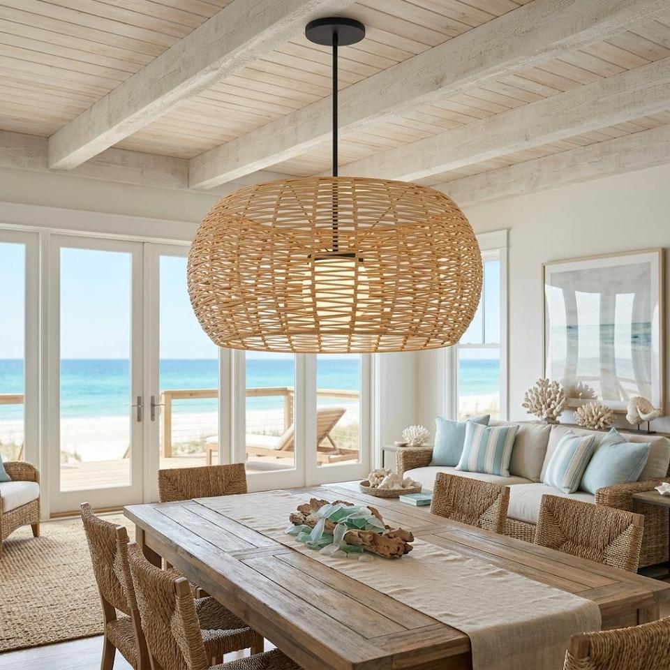 Natural And Black Rattan And Metal LED Dimmable Outdoor Hanging Pendent Light