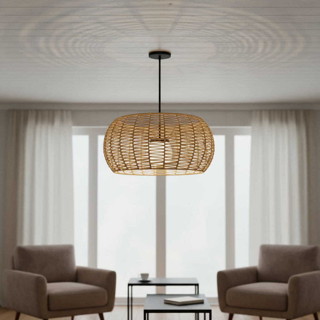Natural And Black Rattan And Metal LED Dimmable Outdoor Hanging Pendent Light