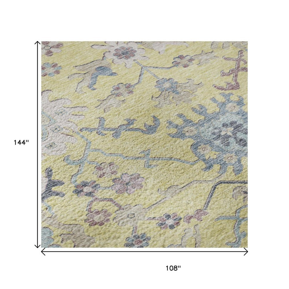 9' X 12' Yellow Blue And Blush Floral Washable Area Rug With UV Protection
