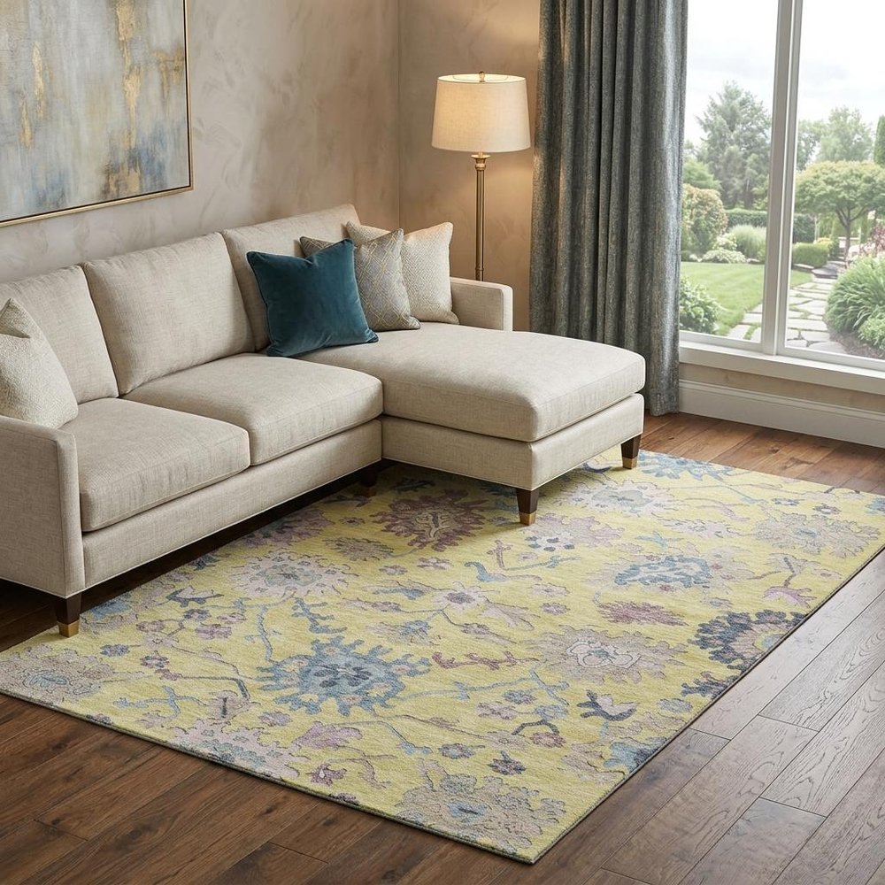 9' X 12' Yellow Blue And Blush Floral Washable Area Rug With UV Protection