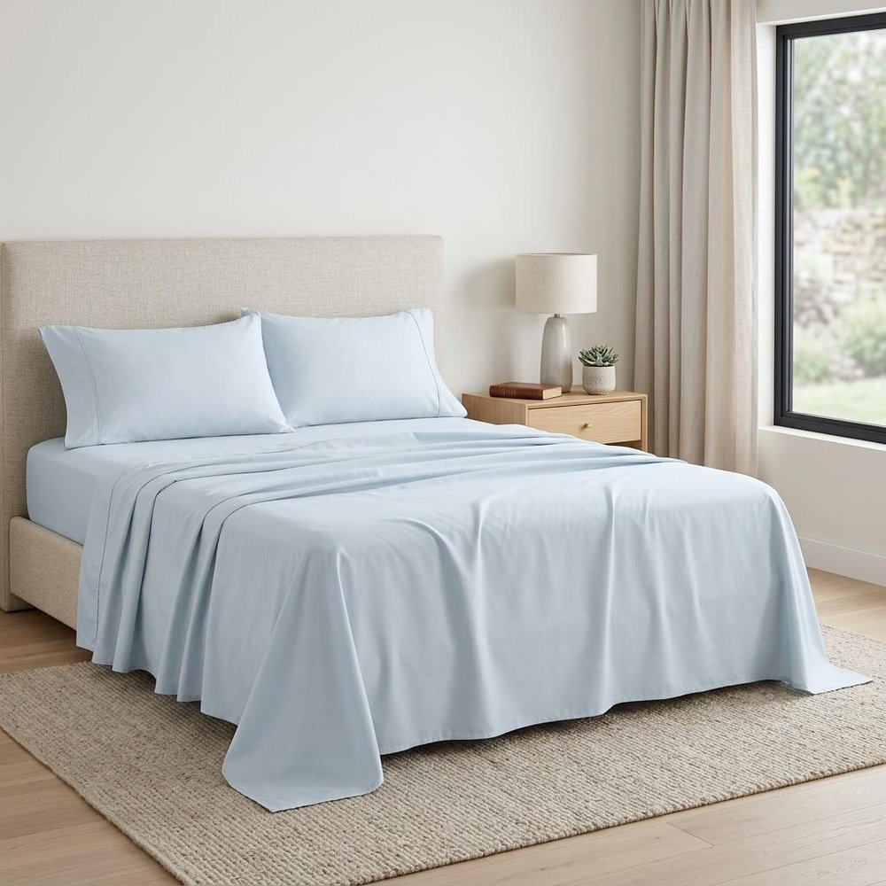 Four Piece Light Blue Cotton King Sheet Set