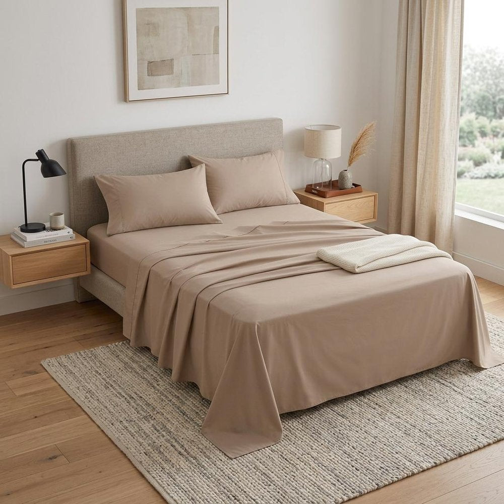 Four Piece Light Brown Cotton Queen Sheet Set