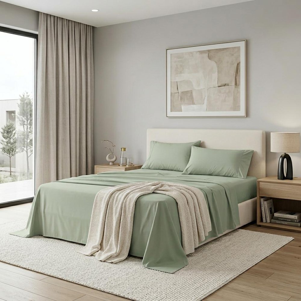 Four Piece Sage Cotton King Sheet Set