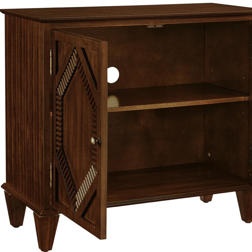 34" Brown Wood Carved Geometric Accent Cabinet With Two Doors