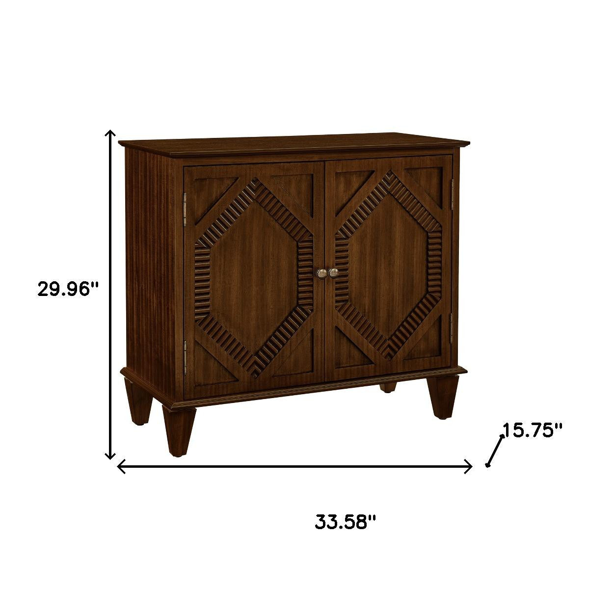 34" Brown Wood Carved Geometric Accent Cabinet With Two Doors