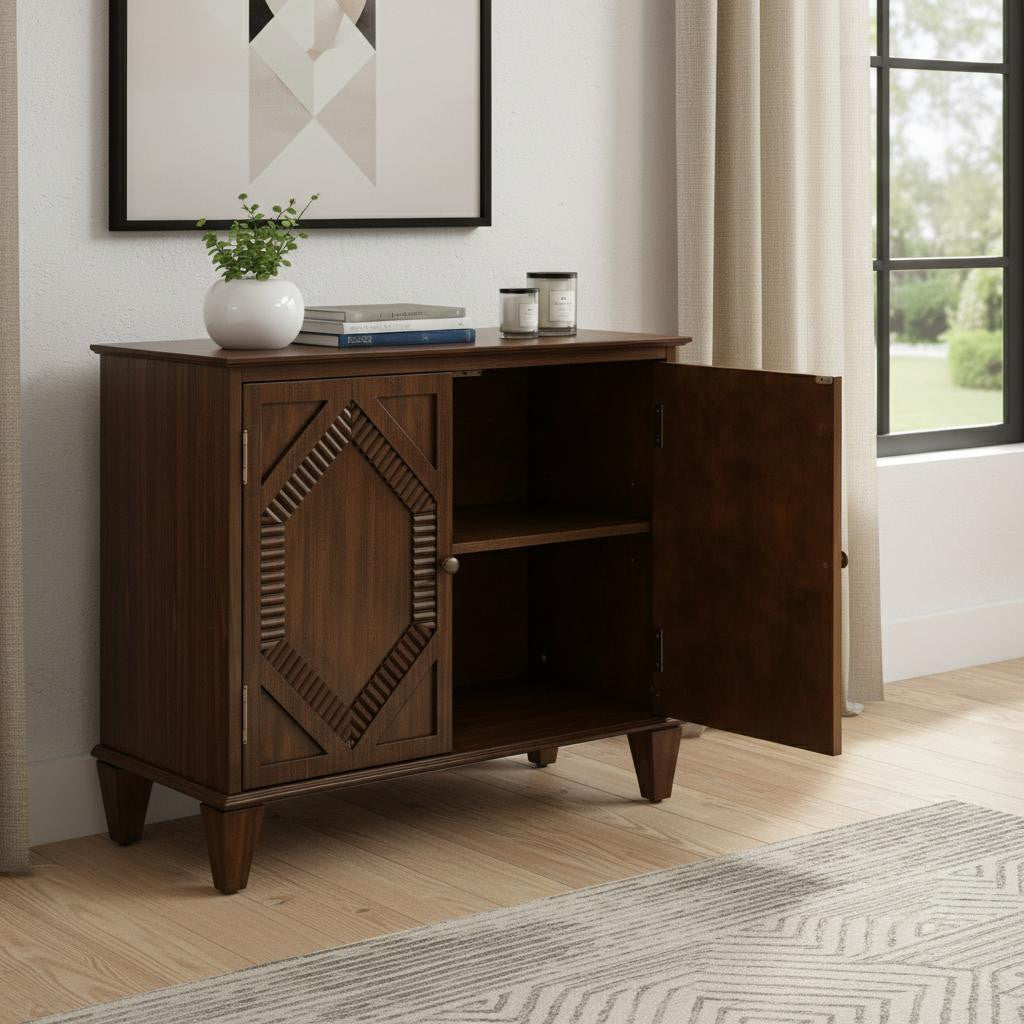 34" Brown Wood Carved Geometric Accent Cabinet With Two Doors