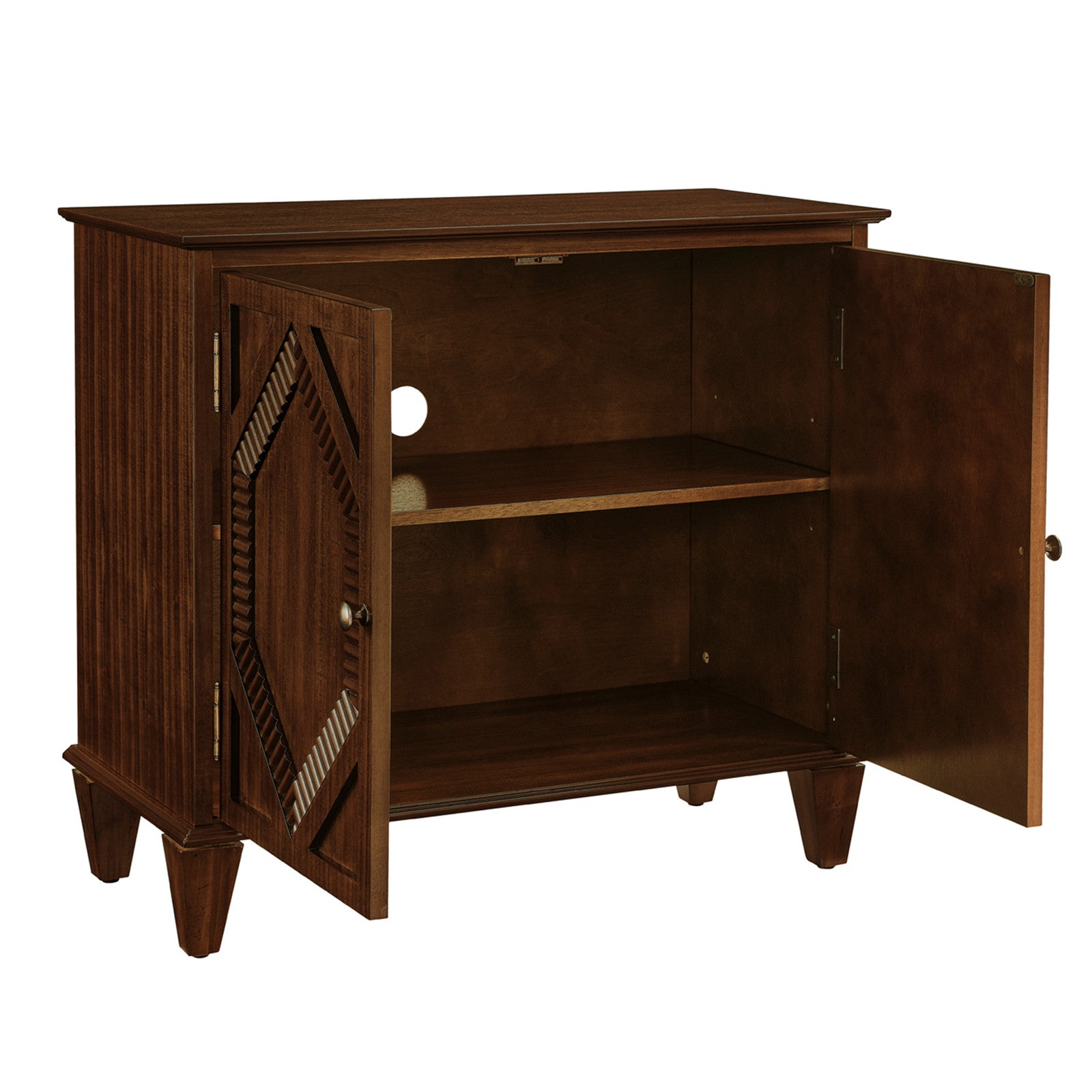 34" Brown Wood Carved Geometric Accent Cabinet With Two Doors