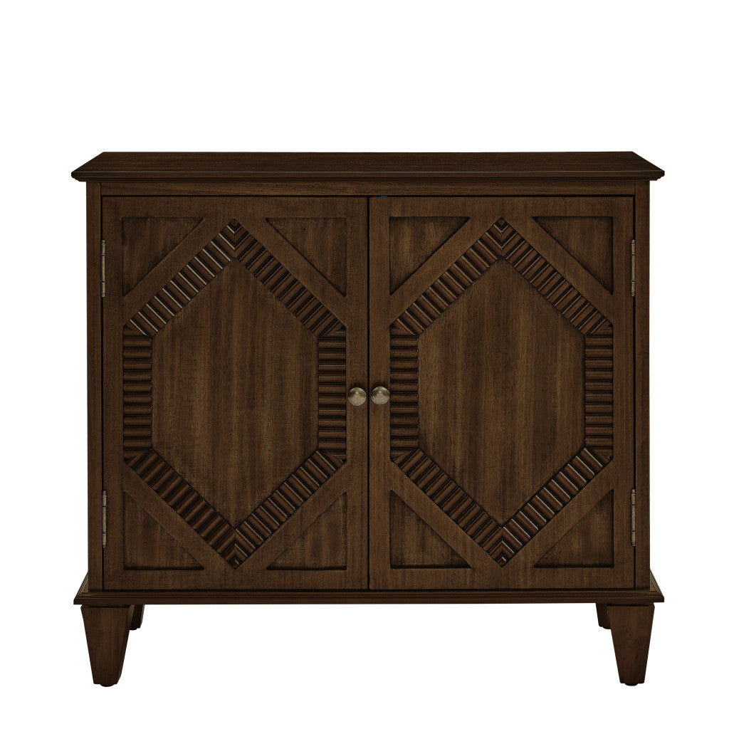 34" Brown Wood Carved Geometric Accent Cabinet With Two Doors