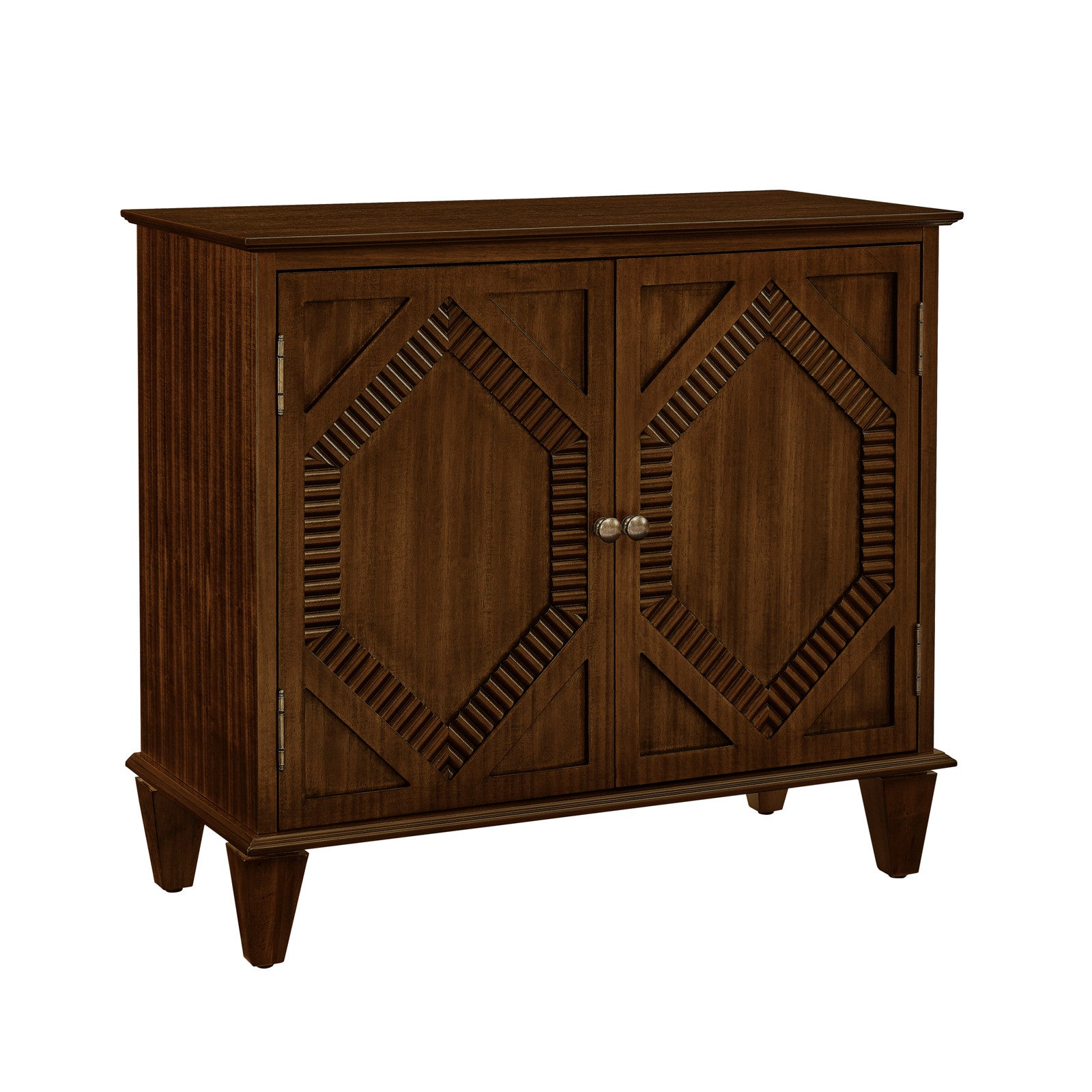 34" Brown Wood Carved Geometric Accent Cabinet With Two Doors