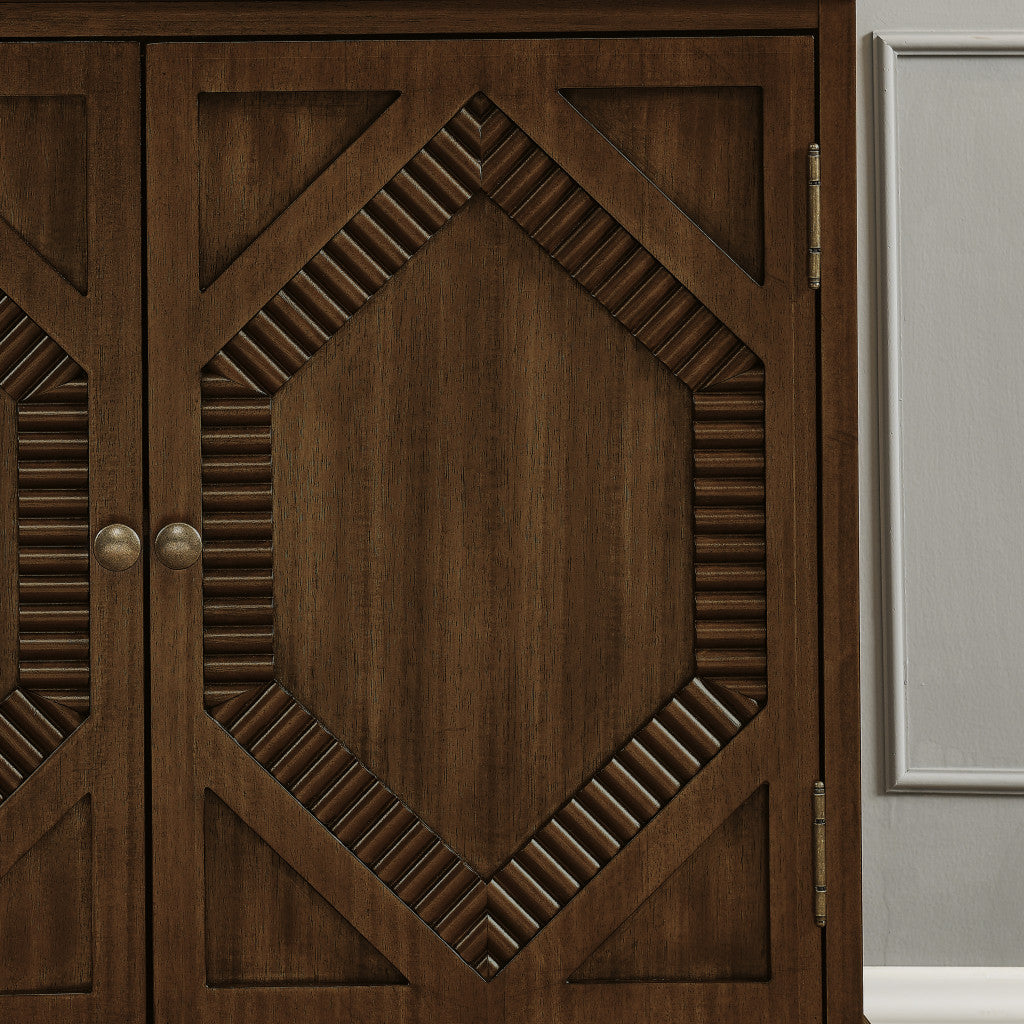 34" Brown Wood Carved Geometric Accent Cabinet With Two Doors