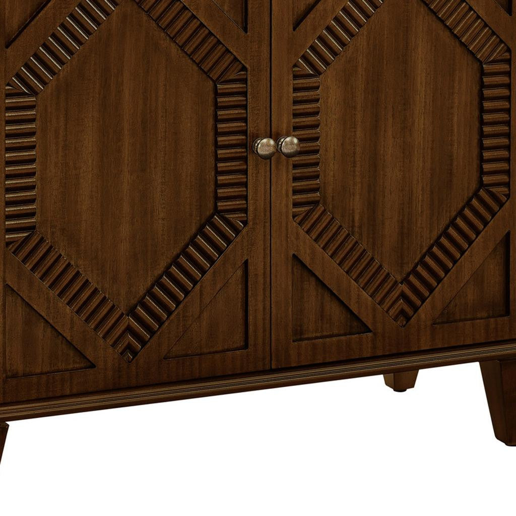 34" Brown Wood Carved Geometric Accent Cabinet With Two Doors