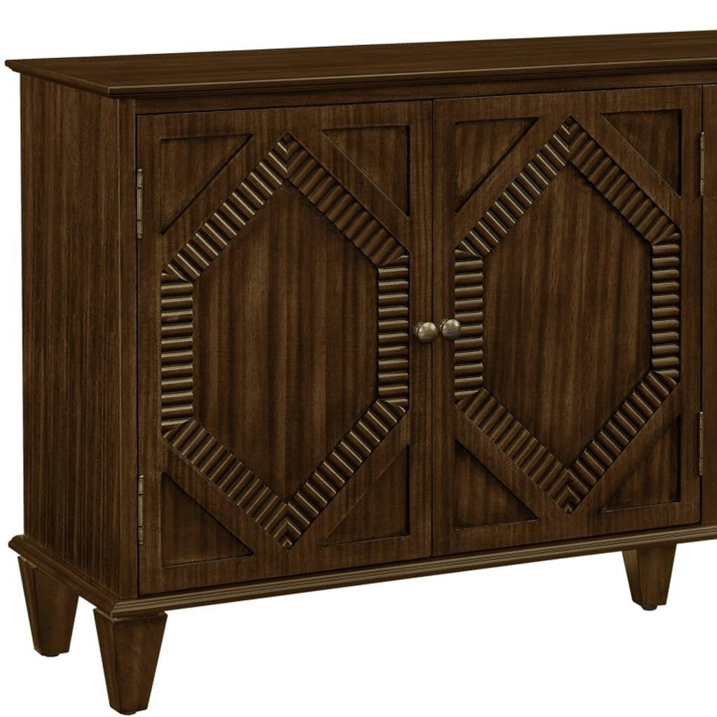 66" Brown Wood Carved Geometric Accent Cabinet With Four Doors