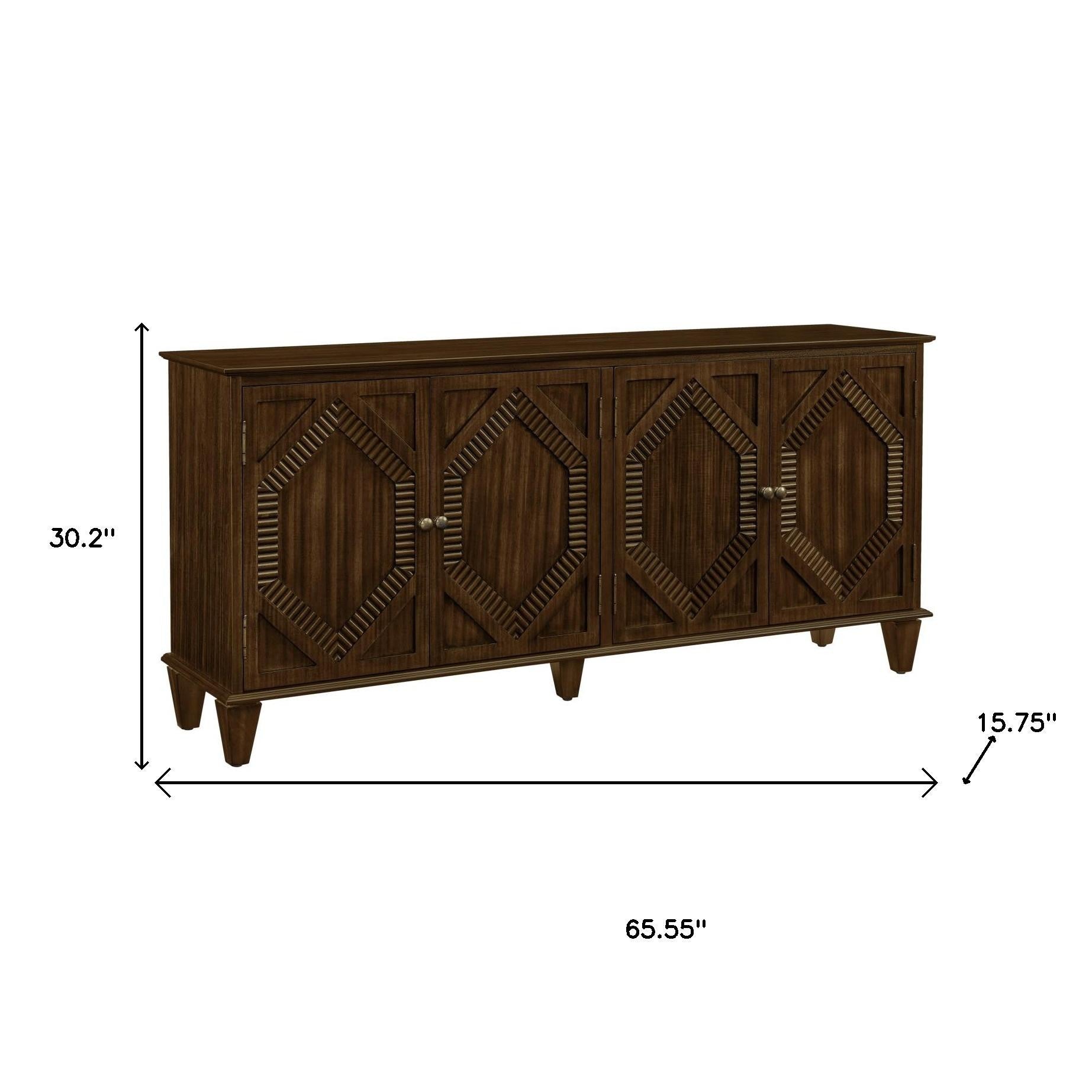 66" Brown Wood Carved Geometric Accent Cabinet With Four Doors