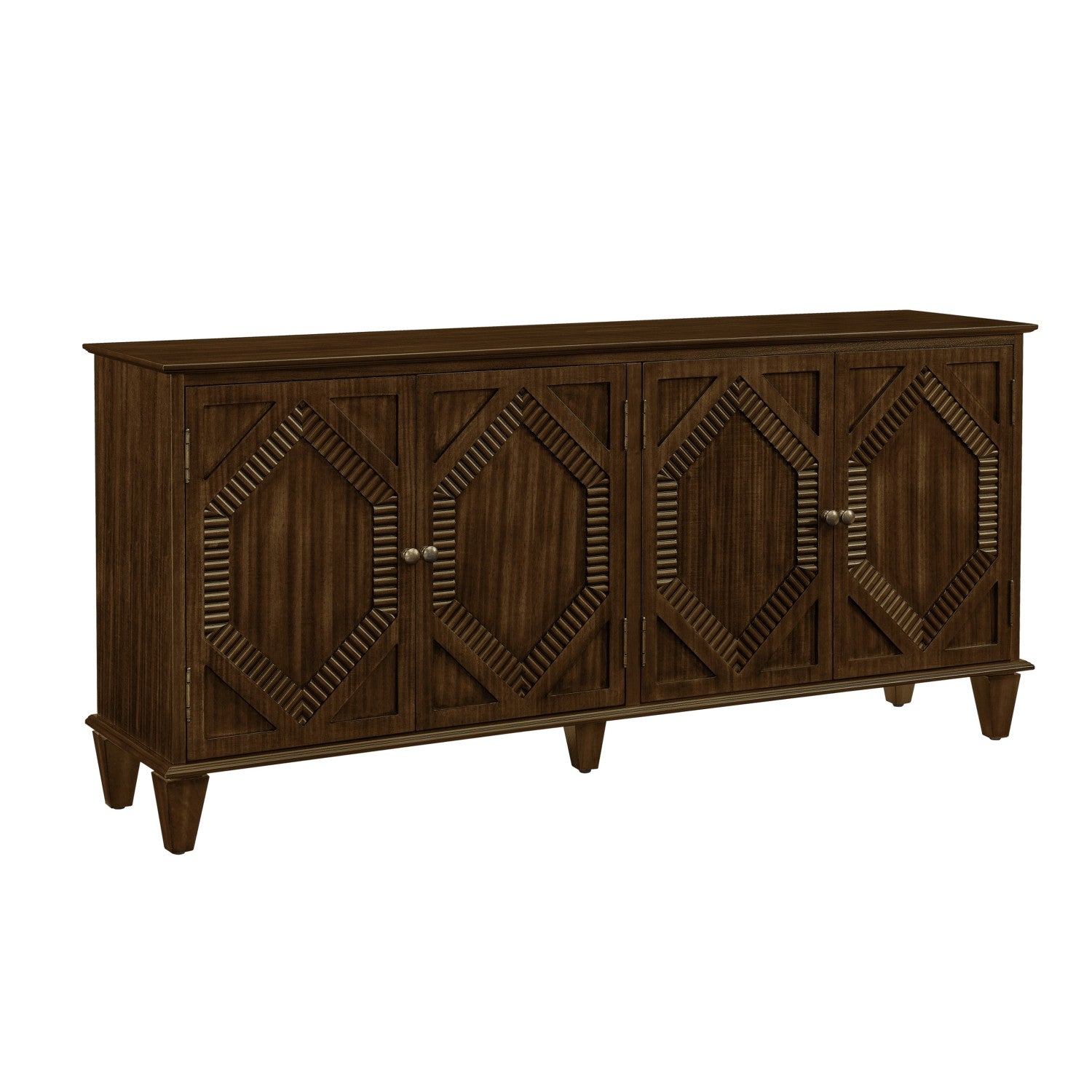 66" Brown Wood Carved Geometric Accent Cabinet With Four Doors