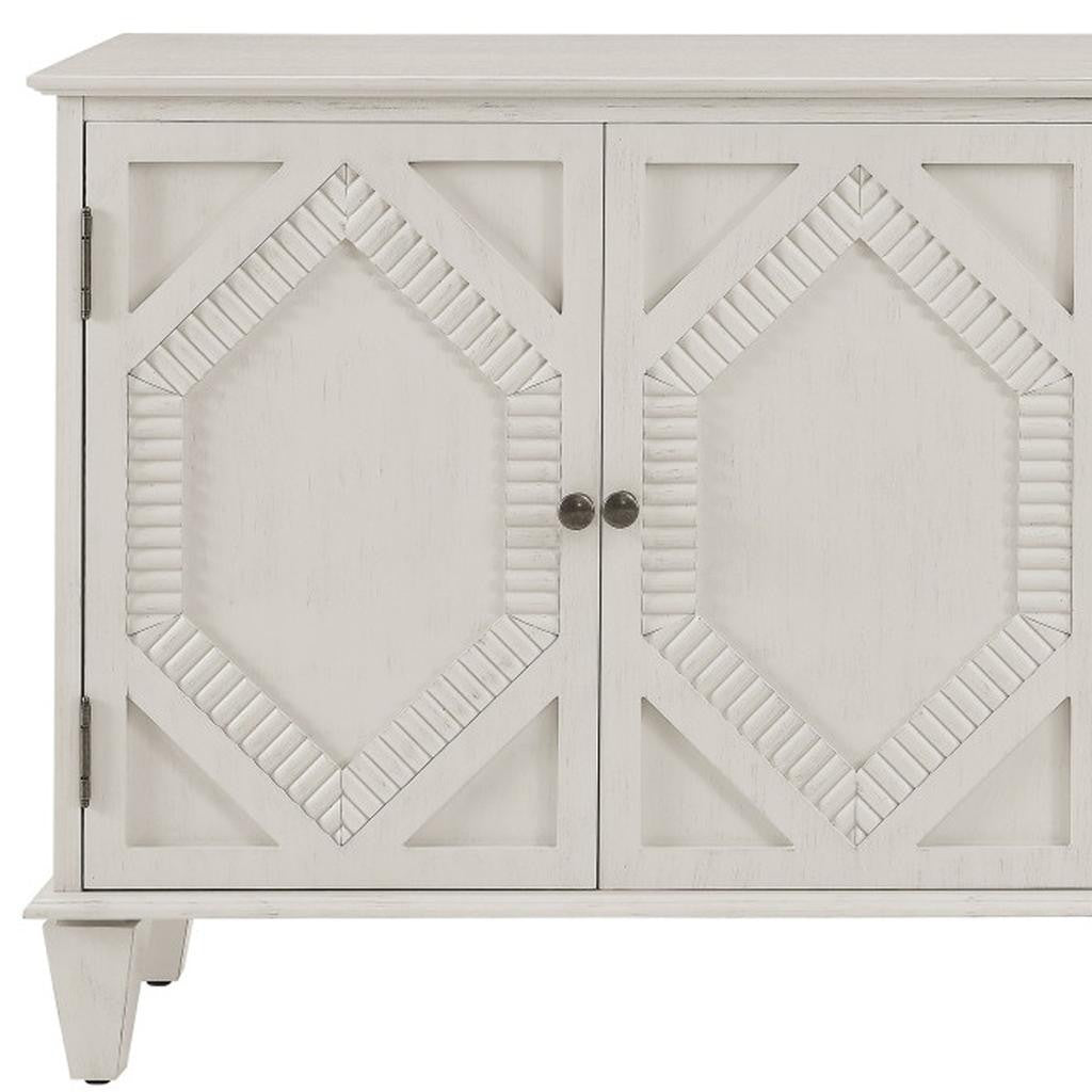 66" White Wood Carved Geometric Accent Cabinet With Four Doors
