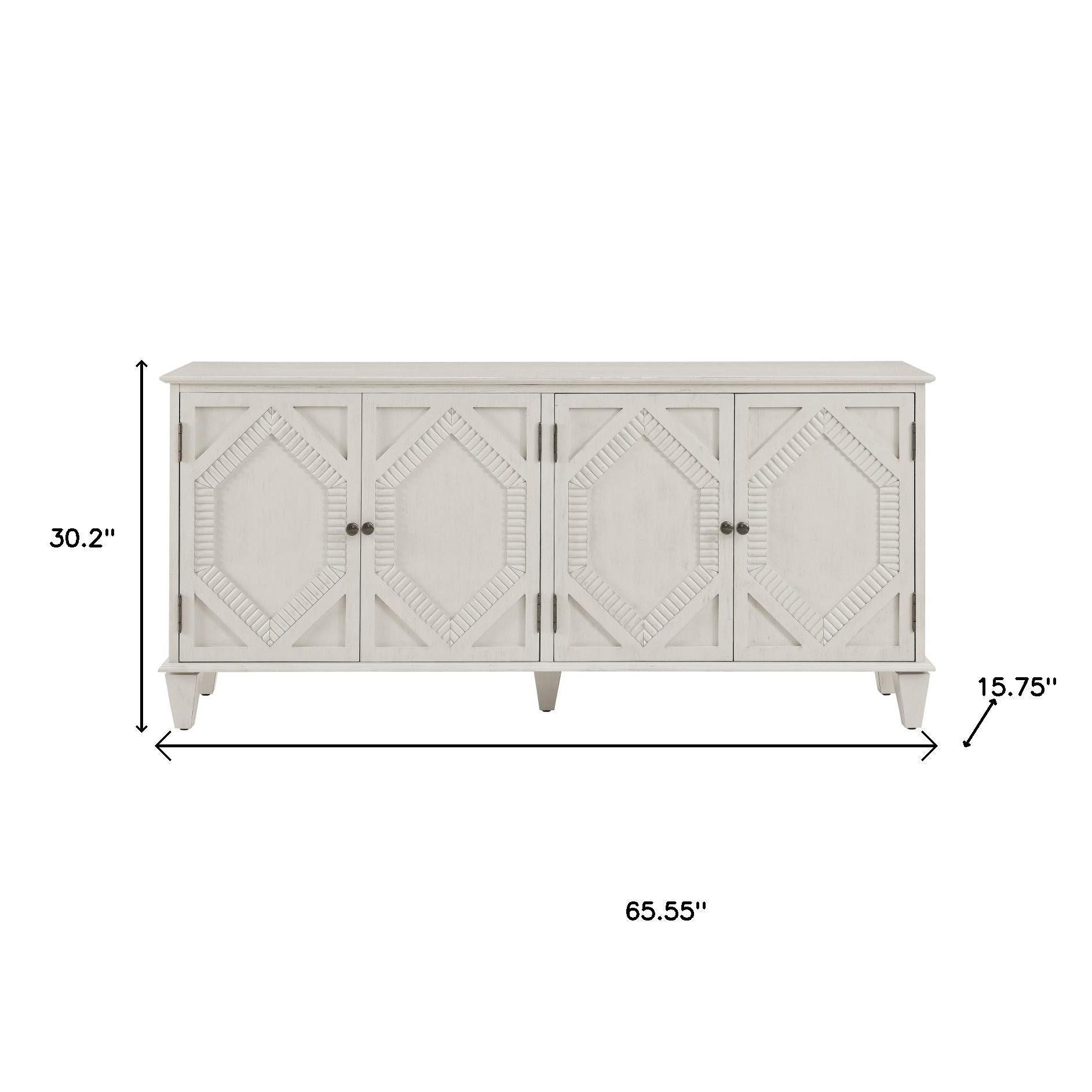 66" White Wood Carved Geometric Accent Cabinet With Four Doors