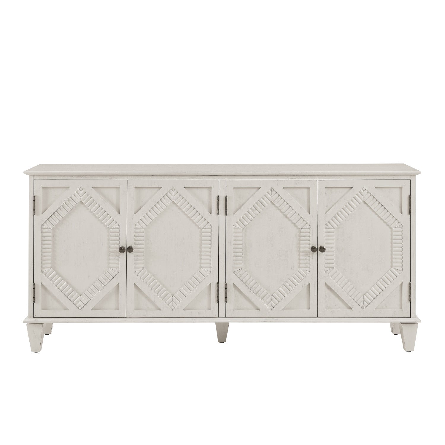 66" White Wood Carved Geometric Accent Cabinet With Four Doors