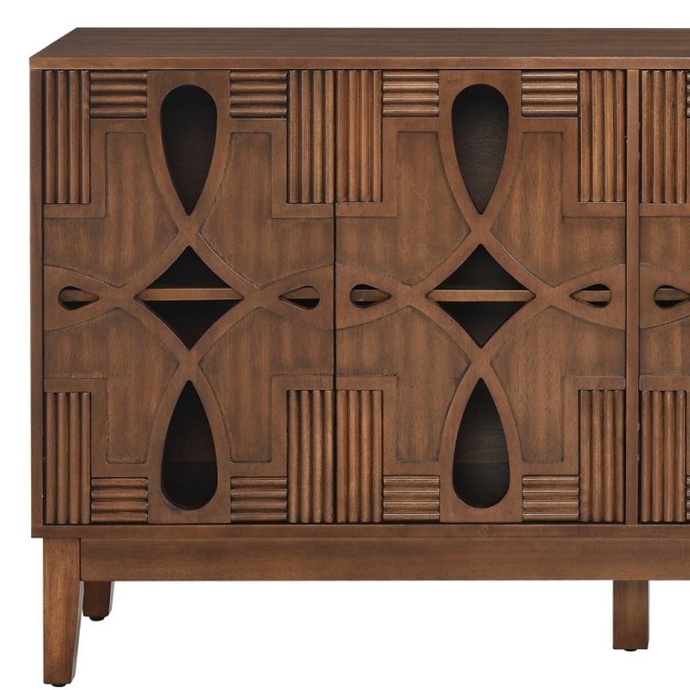 61" Brown Wood Carved Geometric Sideboard With Four Doors