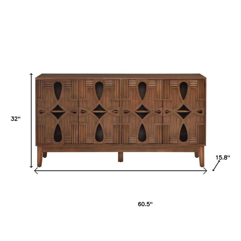 61" Brown Wood Carved Geometric Sideboard With Four Doors