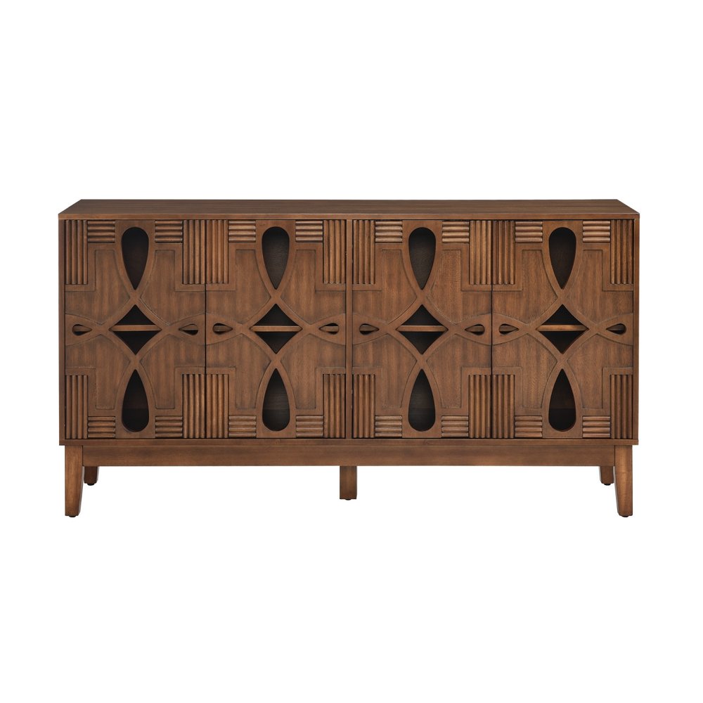 61" Brown Wood Carved Geometric Sideboard With Four Doors