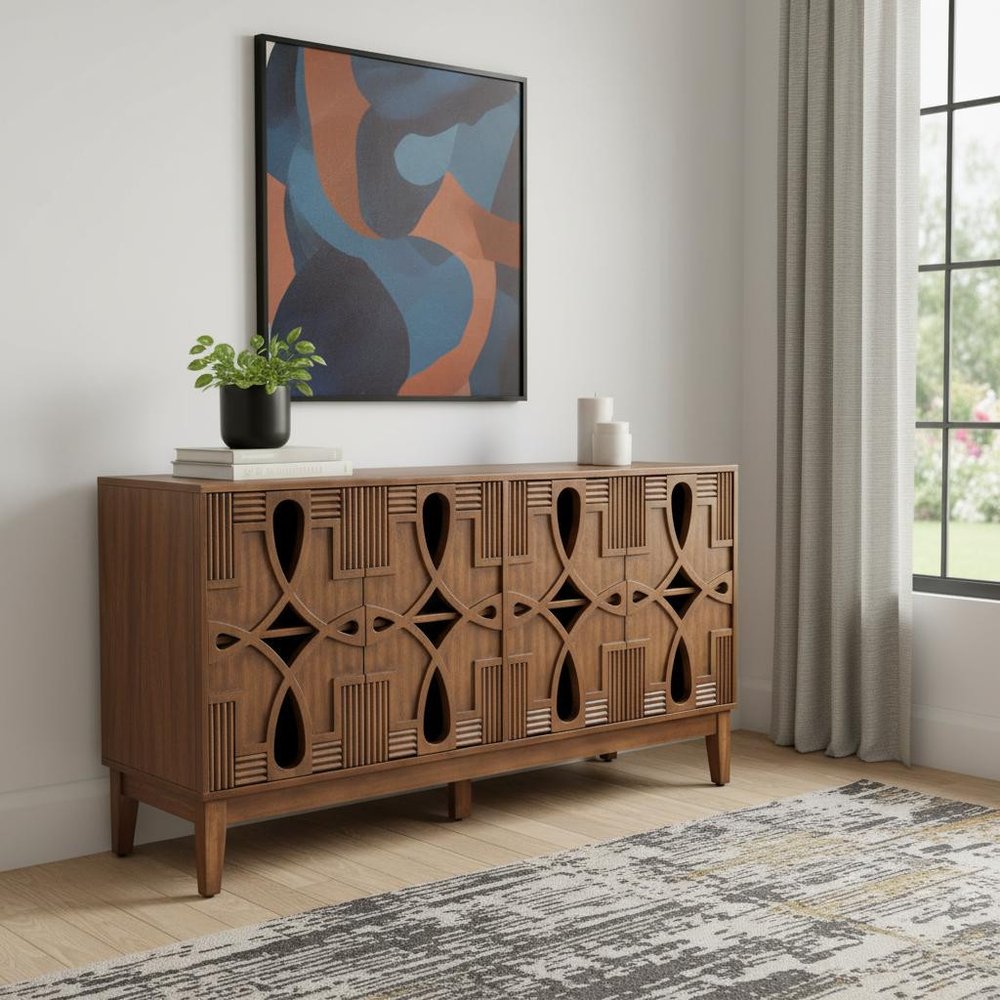 61" Brown Wood Carved Geometric Sideboard With Four Doors