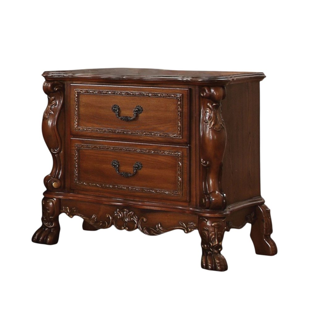 31" Brown Solid Wood Carved Scrollwork Two Drawer Nightstand