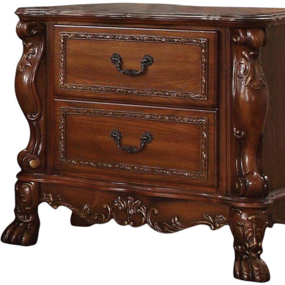 31" Brown Solid Wood Carved Scrollwork Two Drawer Nightstand