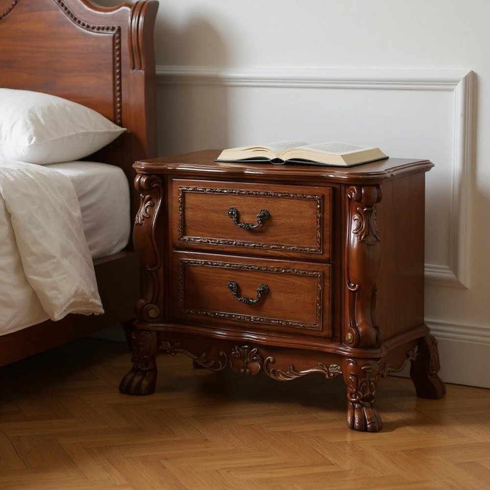 31" Brown Solid Wood Carved Scrollwork Two Drawer Nightstand
