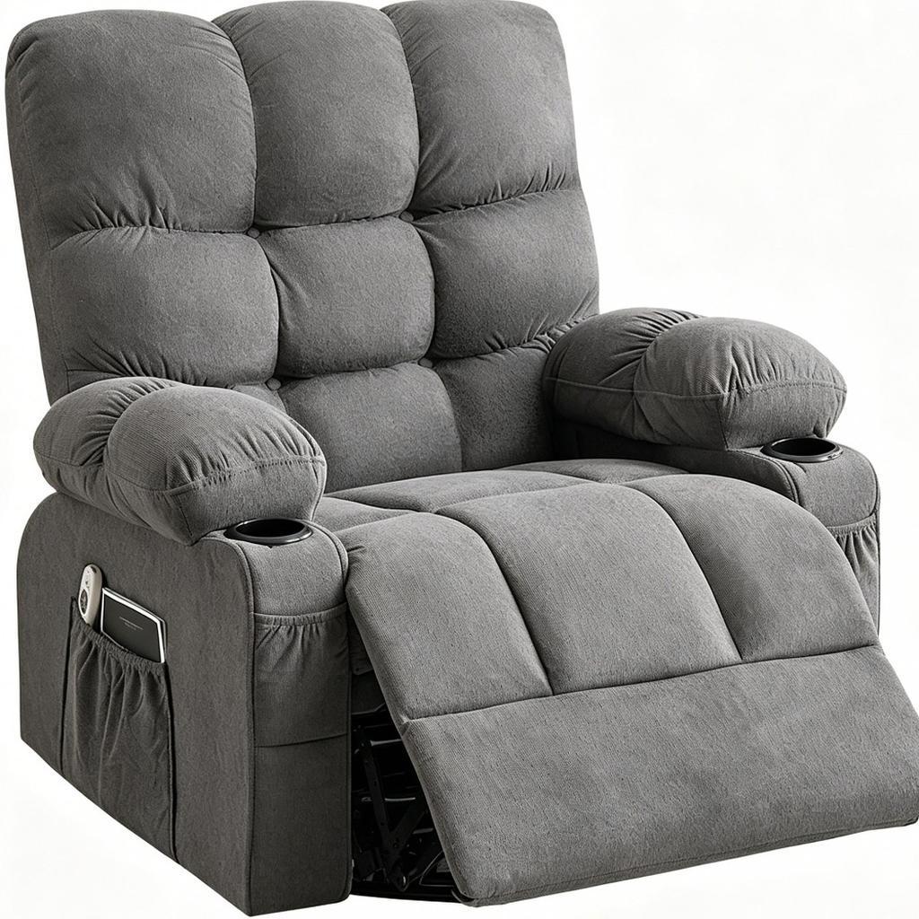 39" Gray Tufted Chenille Heated Massage Manual Rocker And Swivel Recliner With USB