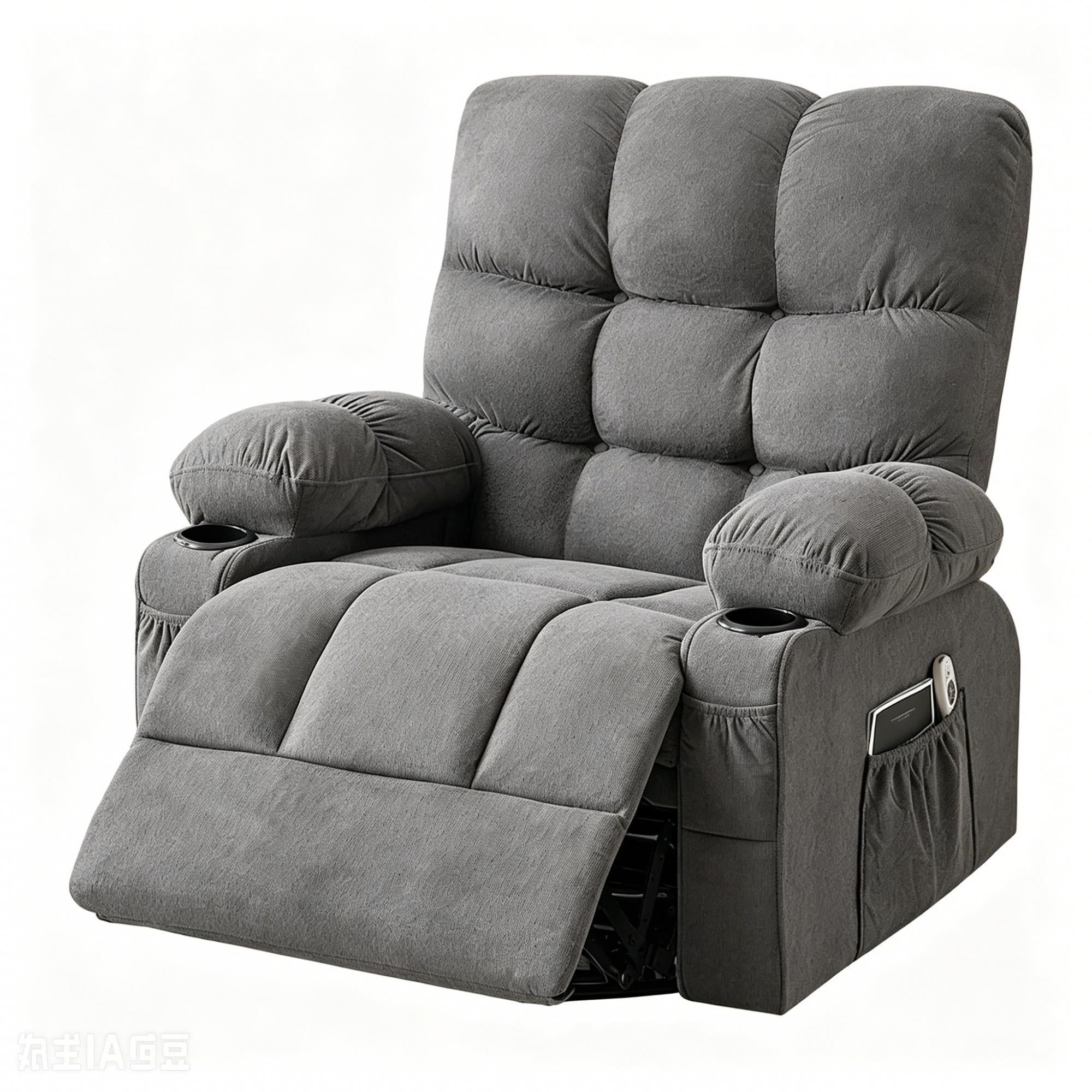 39" Gray Tufted Chenille Heated Massage Manual Rocker And Swivel Recliner With USB