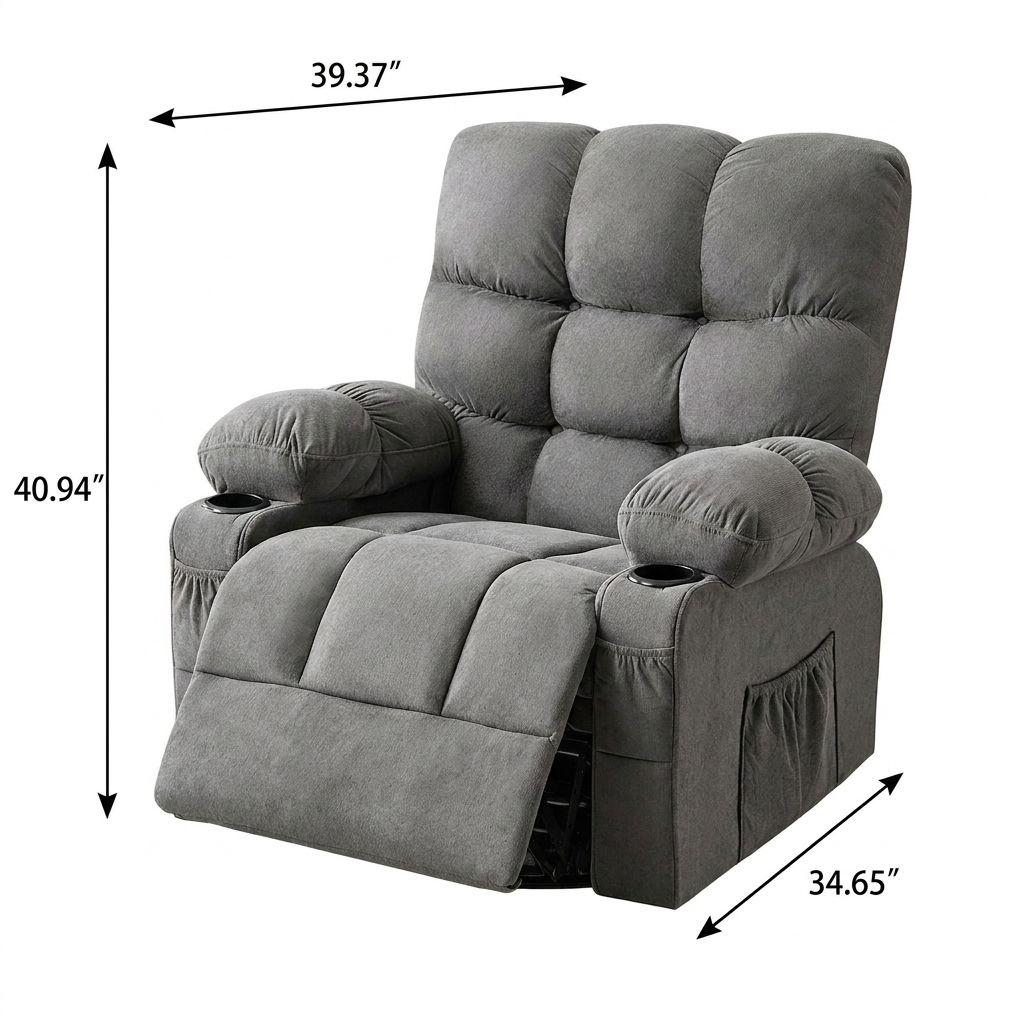39" Gray Tufted Chenille Heated Massage Manual Rocker And Swivel Recliner With USB