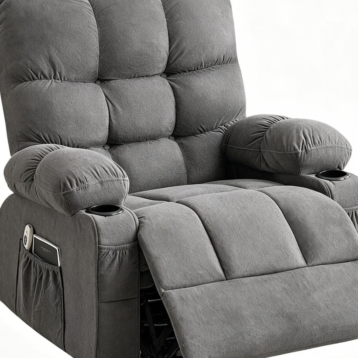 39" Gray Tufted Chenille Heated Massage Manual Rocker And Swivel Recliner With USB