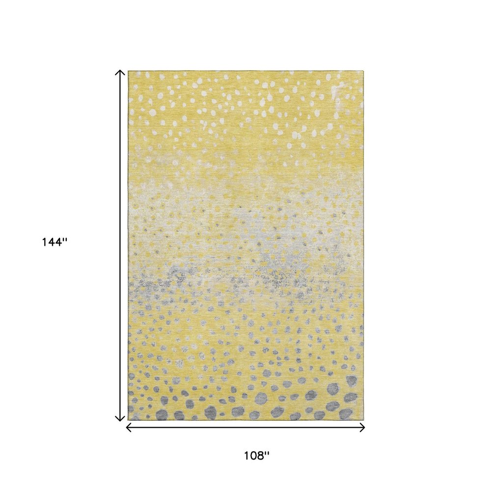 9' X 12' Yellow Gray And Ivory Polka Dot Washable Area Rug With UV Protection