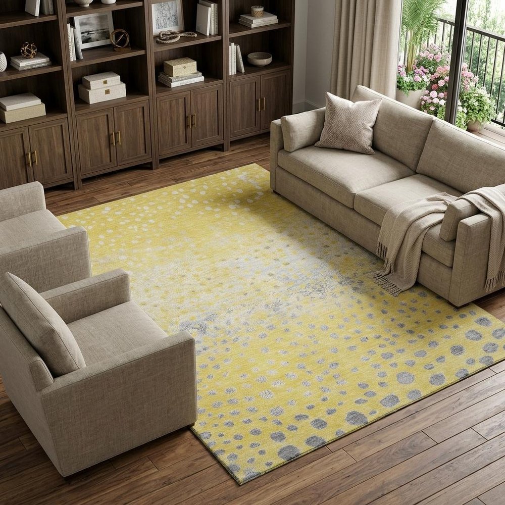9' X 12' Yellow Gray And Ivory Polka Dot Washable Area Rug With UV Protection